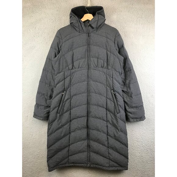 prAna Irina Long Down Quilted Urban Puffer Jacket Women's M Gray Hooded